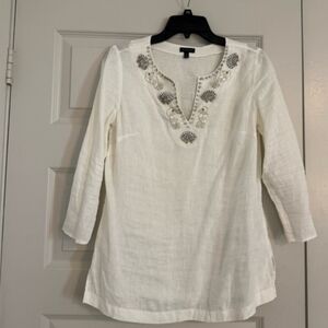 Talbots Ivory Tunic with Metallic Accents 100% LINEN